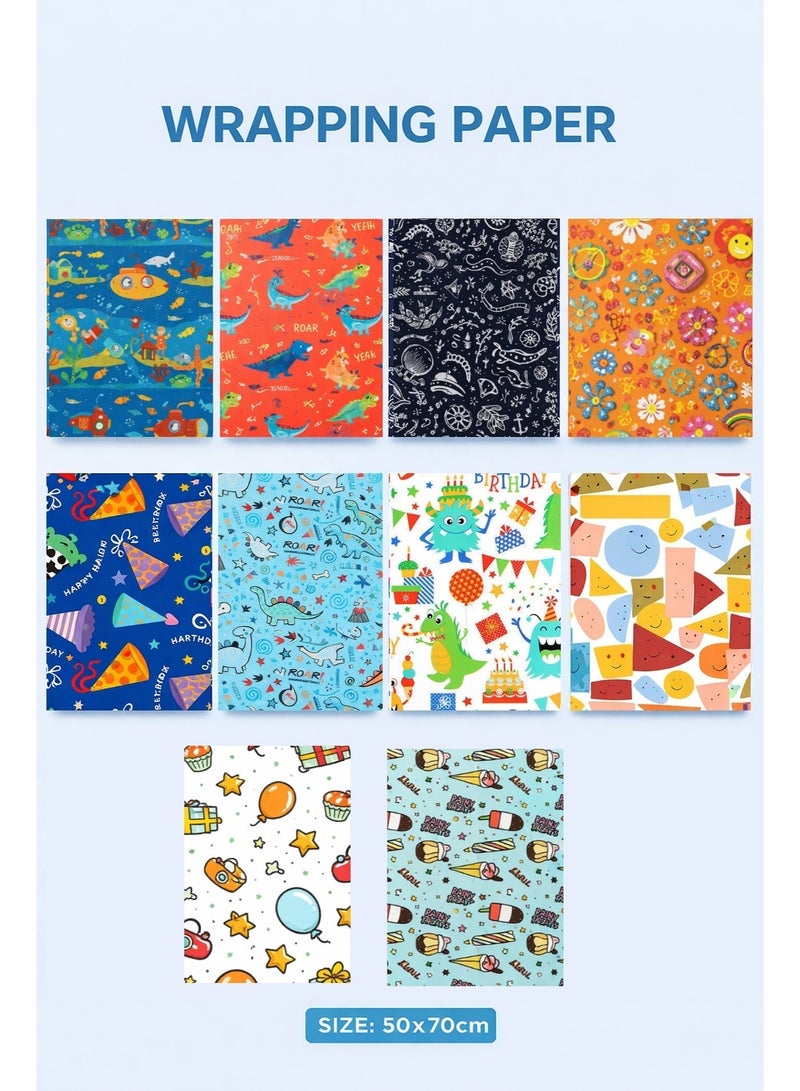 مجموعة ورق تغليف هدايا برسومات حيوانات، 10 أوراق 50×70 سم، 10 تصاميم (ورقة لكل تصميم) تشمل ديناصور/آيس كريم/عباد الشمس/غواصة/أصداف، مع لفة شريط لاصق شفاف، لهدايا الأطفال والمناسبات - Image 3